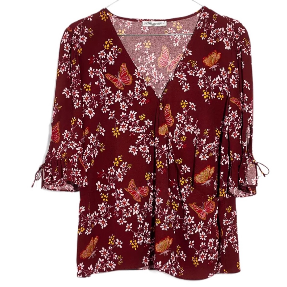 Madewell Tie-Sleeve Brick Red Wrap Top in Butterfly Sanctuary with Tie Sleeves - Picture 3 of 16